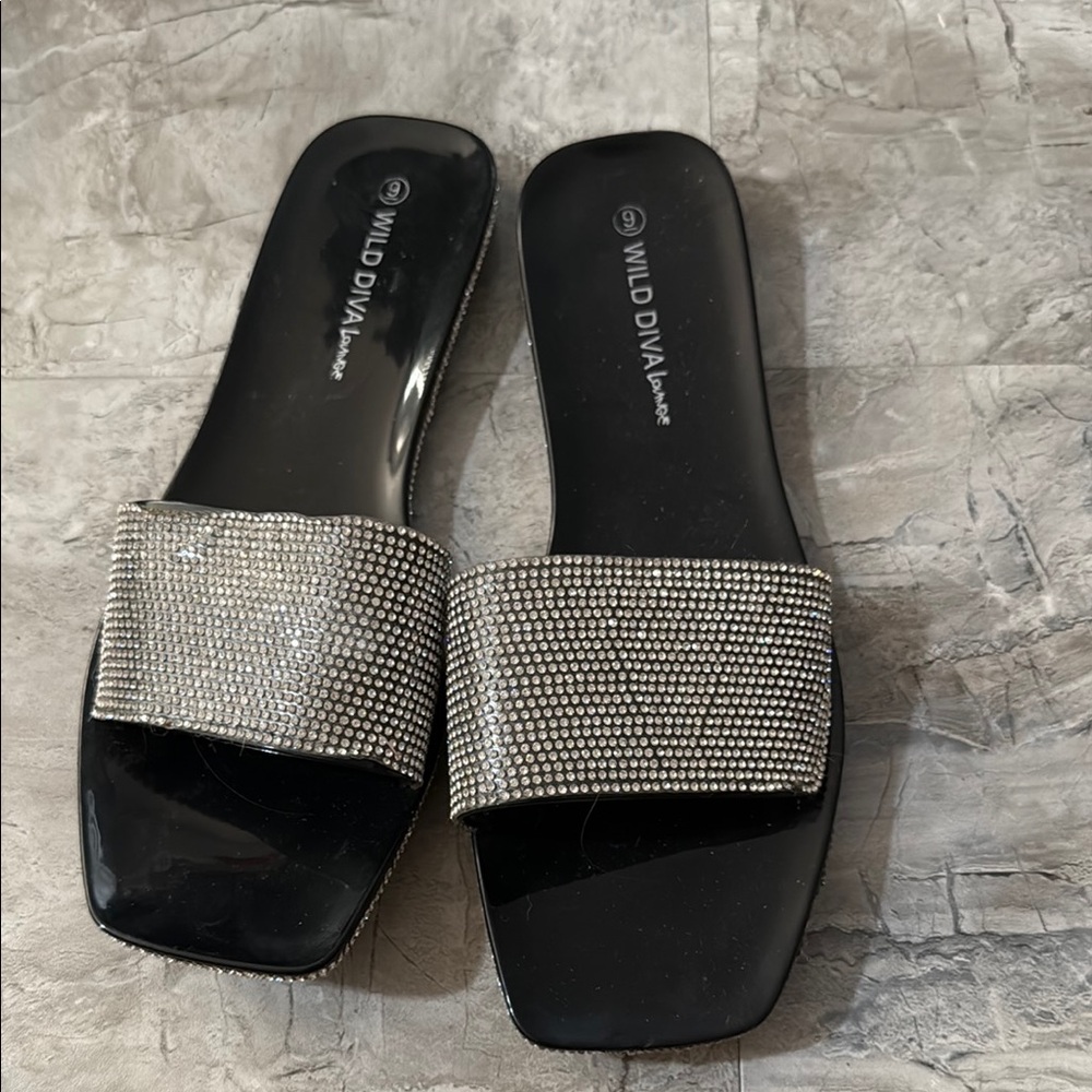 Wild Diva Black and Silver Crystal Slide Sandals